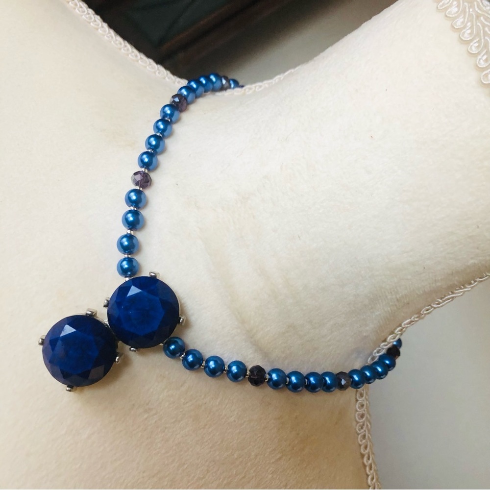 Handcrafted repurpose royal blue stone pendant Czech glass Pearl necklace
